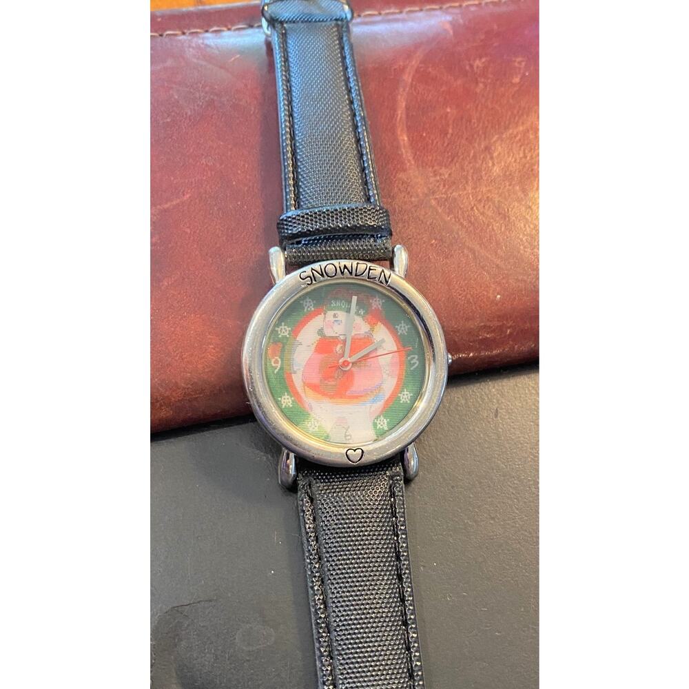 Silver Tone Snowden Watch, Changing Face Snowman Scene, Black Band